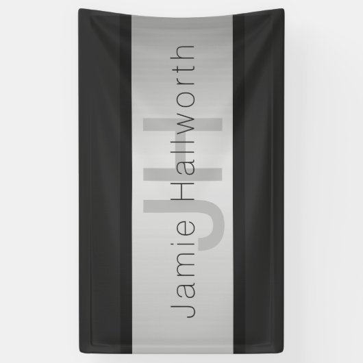 Jouw naam en monogram | Grays & Faux Silver-look Spandoek (Verticaal)
