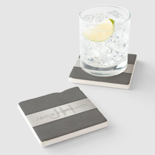 Jouw naam en monogram | Grays & Faux Silver-look Stenen Onderzetter (Zijkant)