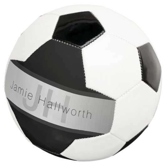 Jouw naam en monogram | Grays & Faux Silver-look Voetbal (Drie kwart)