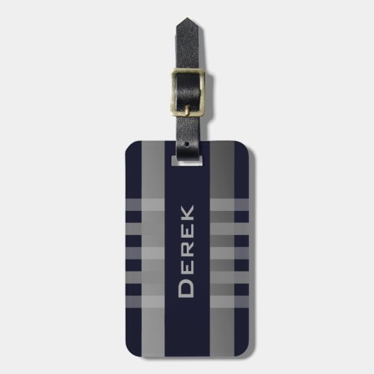Jouw naam & Grijs Navy Blue Stripes Bagagelabels (Voorkant verticaal)