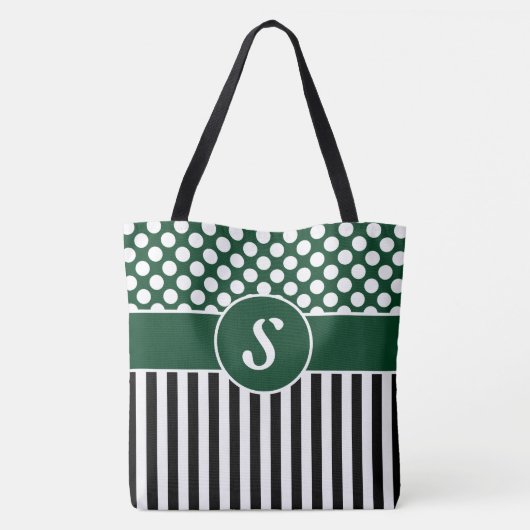Jouw naam Groene Witte Strepen Polka Dot Canvas ta Tote Bag (Achterkant)