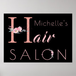 Jouw naam haar salon floral glitter roze zwart poster