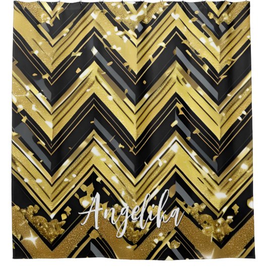 Jouw naam hier in Chevron Black en Gold Douchegordijn (Voorkant)