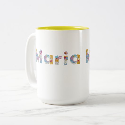 Jouw naam in akkerblokletters / Maria Two-Tone Tweekleurige Koffiemok (Voorkant links)