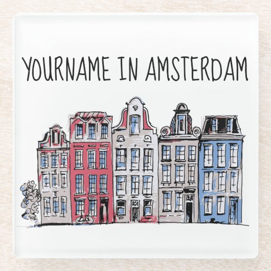 Jouw naam in Amsterdam Waterfront Damrak-gebouwen Glazen Onderzetter (Voorkant)