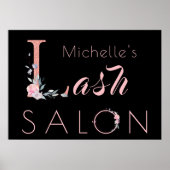Jouw naam lash salon floral glitter roze zwart poster (Voorkant)