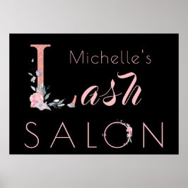 Jouw naam lash salon floral glitter roze zwart poster