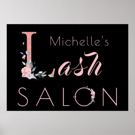 Jouw naam lash salon floral glitter roze zwart poster (Voorkant)