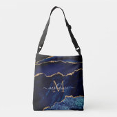Jouw naam Letter Agate Navy Blue Gold Marble Crossbody Tas (Achterkant)
