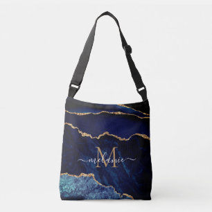 Jouw naam Letter Agate Navy Blue Gold Marble Crossbody Tas