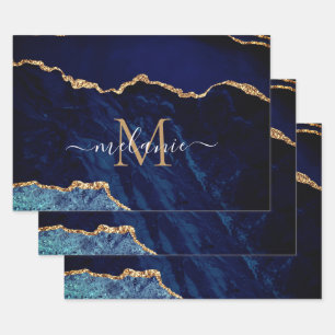 Jouw naam Letter Agate Navy Blue Gold Marble Gift Inpakpapier Vel