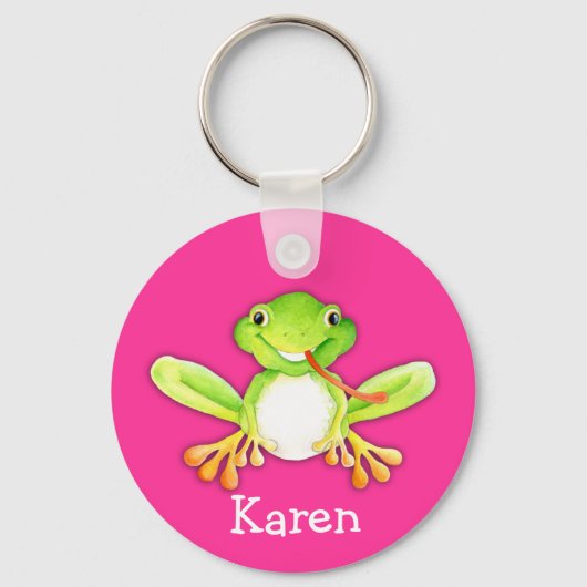 Jouw naam leuke kikkerroze groene sleutelhanger (Voorkant)
