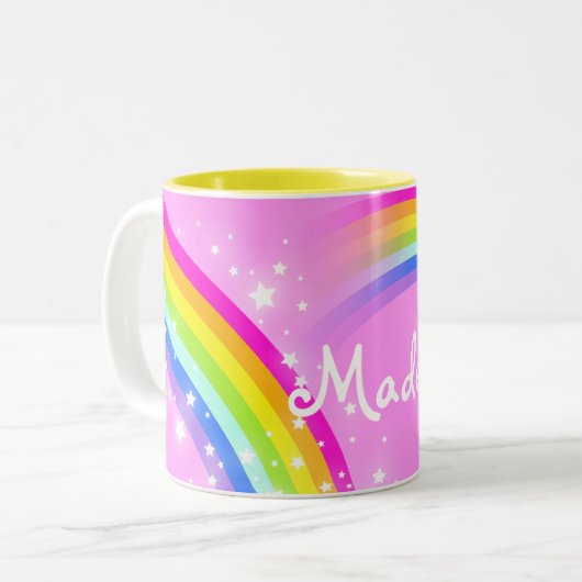 "Jouw naam" meisjes regenbooglichtroze mok (Voorkant links)