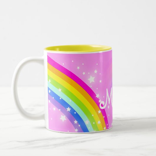 "Jouw naam" meisjes regenbooglichtroze mok (Links)