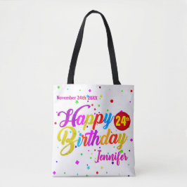 Jouw naam met Datum en leeftijd op Happy Birthday Tote Bag