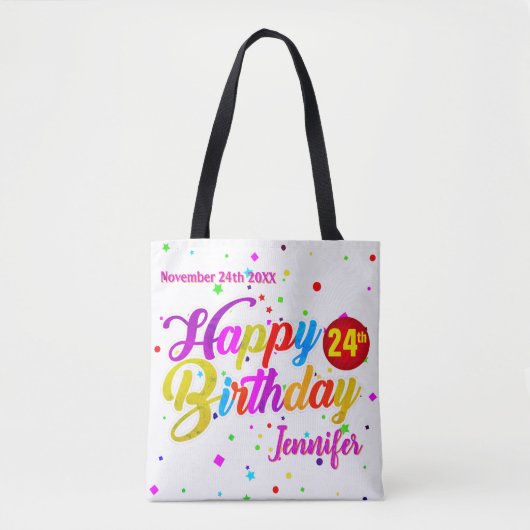 Jouw naam met Datum en leeftijd op Happy Birthday Tote Bag (Voorkant)