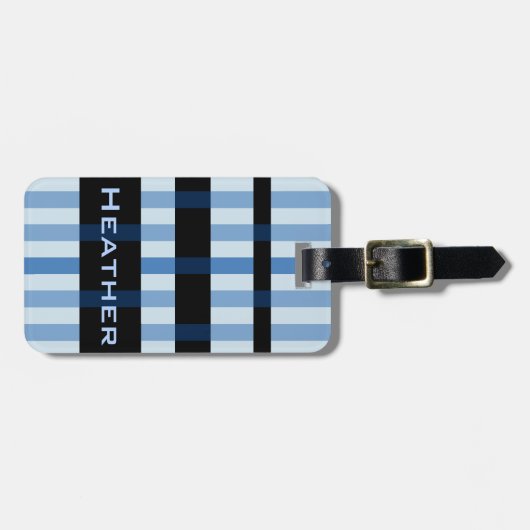 Jouw naam & Modern Blauw Zwart Weven Stripes Bagagelabel (Voorkant horizontaal)