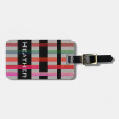 Jouw naam & modern weven kleurrijke strepen/grijs bagagelabel (Voorkant horizontaal)