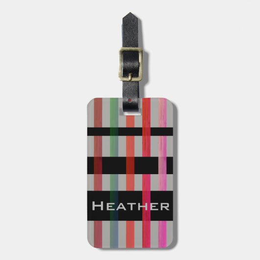 Jouw naam & modern weven kleurrijke strepen/grijs bagagelabel (Voorkant verticaal)