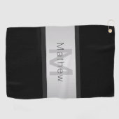Jouw naam & Monogram | Grijs Zwart & Faux Zilver Golfhanddoek (Horizontaal)