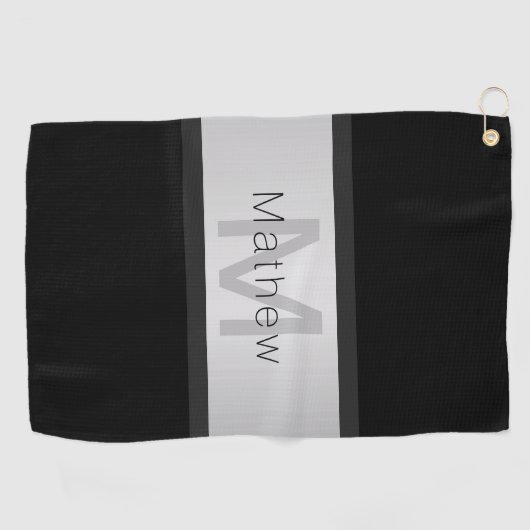 Jouw naam & Monogram | Grijs Zwart & Faux Zilver Golfhanddoek (Horizontaal)