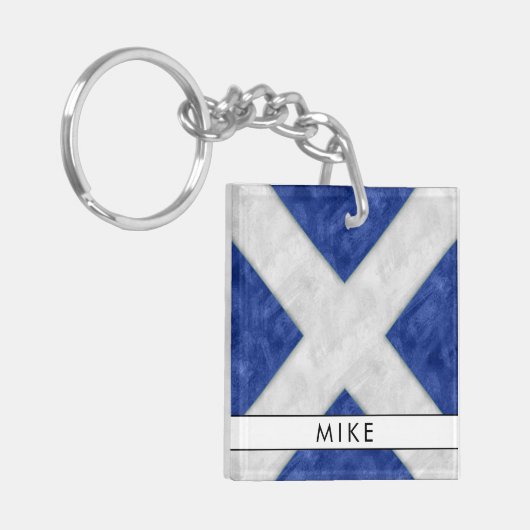 Jouw naam + Nautische Signaalvlag M Mike Sleutelhanger (Voorkant Links)