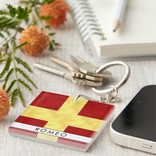 Jouw naam + nautische signaalvlag R Romeo Sleutelhanger (Voorkant Rechts)