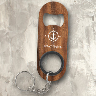 Jouw naam of Boat Name Compass Anchor Wood Style Mini Flessenopener