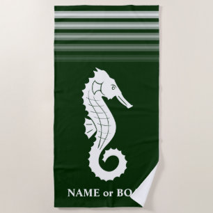 jouw naam of Boat Seahorse Forest Green White Strandlaken