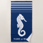 Jouw naam of Boat Seahorse Navy Blue White Stripe Strandlaken (Voorkant)