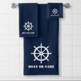 Jouw naam of boot Nautical Ships Wheel Helm Blue Bad Handdoek