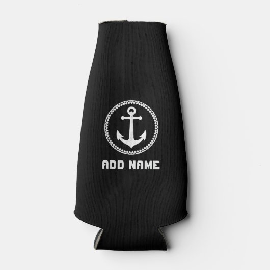 Jouw naam of Boot Nautisch Zee Anker Zwart Wit Flesjeskoeler (Voorkant)