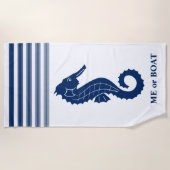 Jouw naam of Bootnaam Seahorse Blue Wit Gestreept Strandlaken (Voorkant)
