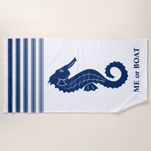 Jouw naam of Bootnaam Seahorse Blue Wit Gestreept Strandlaken (Voorkant)