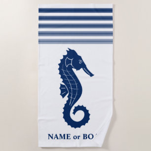 Jouw naam of Bootnaam Seahorse Blue Wit Gestreept Strandlaken