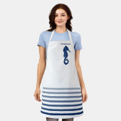 Jouw naam of tekst zeepaardje marineblauw wit gest schort (Gedragen)