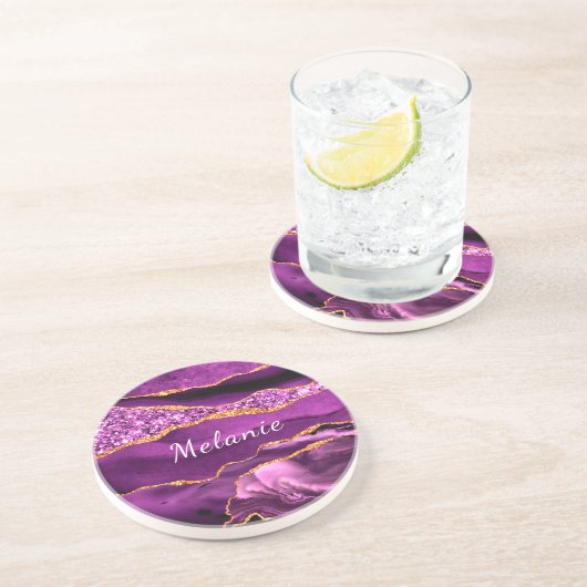 Jouw naam Onderzetter Gift Agate Paars Violet Gold (Zijkant)