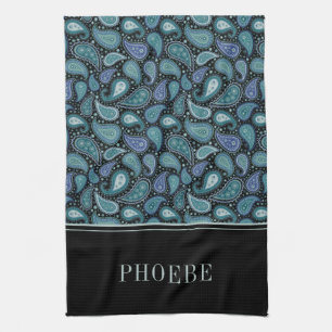 Jouw naam op Eleagant Retro Blue Paisley Pattern Theedoek