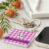 Jouw naam panda beer roze gingham checkers sleutelhanger (Voorkant Rechts)