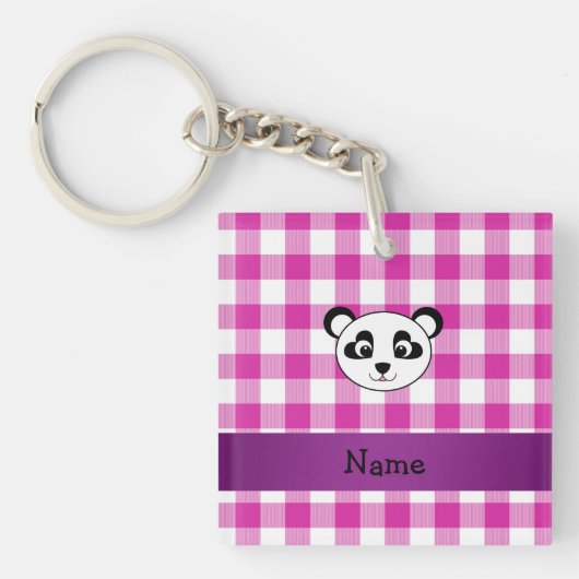 Jouw naam panda beer roze gingham checkers sleutelhanger (voorkant)