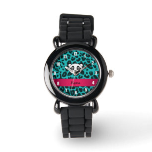 Jouw naam panda beer turquoise leopard horloge