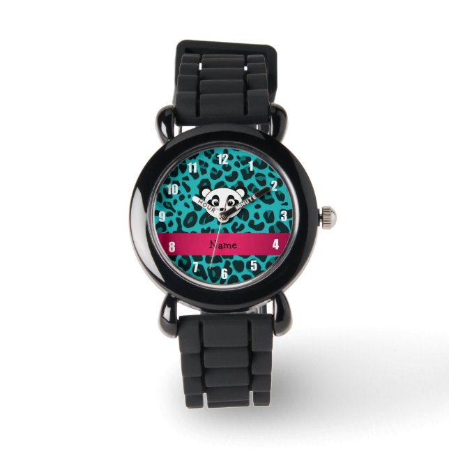 Jouw naam panda beer turquoise leopard horloge (Voorkant)