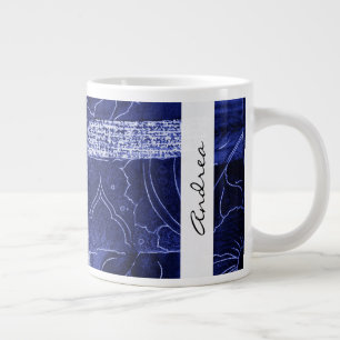 jouw naam - Patchwork, Flowers, Swirls - blauw Grote Koffiekop