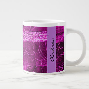 jouw naam - Patchwork, Flowers, Swirls - Roze Grote Koffiekop