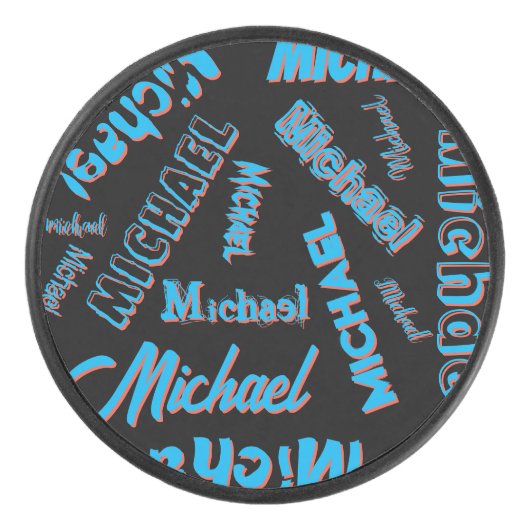 Jouw naam patroon monogram blauwe rode zwarte kleu hockey puck (Voorkant)