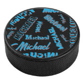 Jouw naam patroon monogram blauwe rode zwarte kleu hockey puck (3/4)