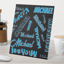 Jouw naam patroon monogram blauwe rode zwarte kleu reclamebord met voetstuk
