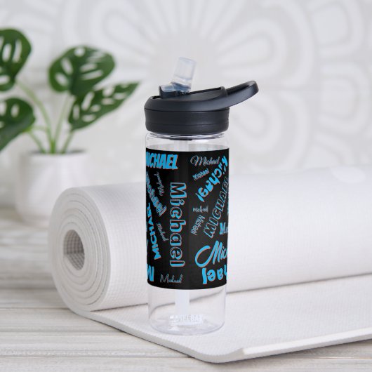 Jouw naam patroon monogram blauwe rode zwarte kleu waterfles (Links)