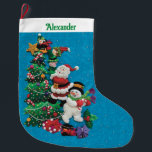 Jouw naam Personaliseert Fun Santa Snowman Blue Gr Grote Kerstsok<br><div class="desc">Jouw naam personaliseert Fun Santa Snowman Red Green Large kerststop</div>