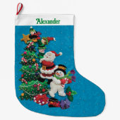 Jouw naam Personaliseert Fun Santa Snowman Blue Gr Grote Kerstsok (Voorkant)
